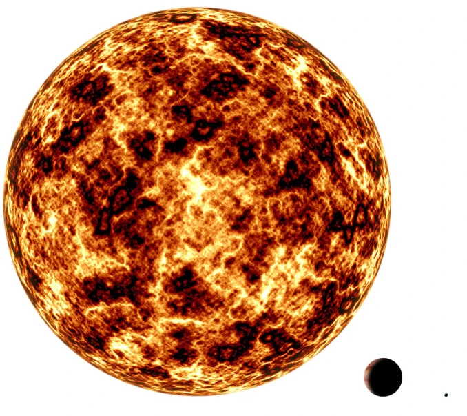 an orange and yellow ball of sun with two different planets