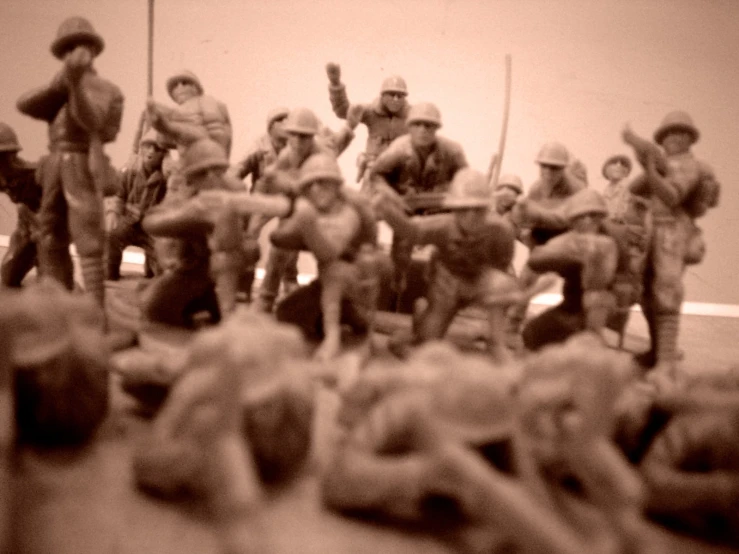 black and white pograph of soldiers toy on display