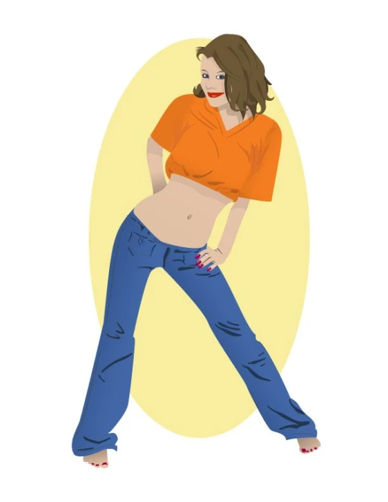 the woman is wearing jeans and orange top