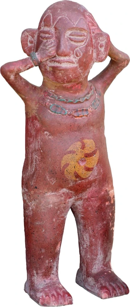 a clay figurine standing and holding it's head