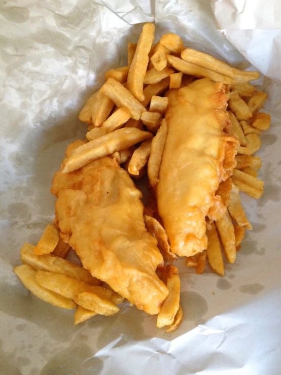 fried fish with french fries sitting on paper