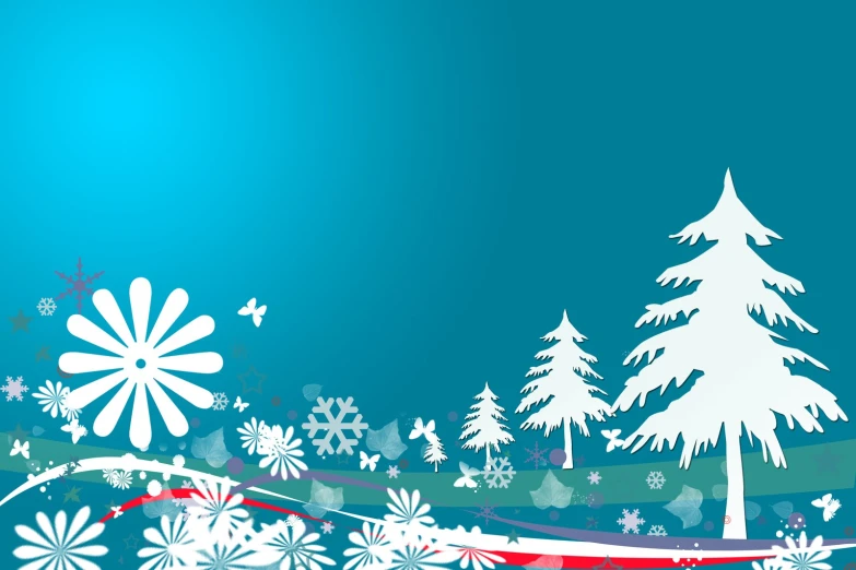 the stylized, white, and red design depicts evergreens and snow flakes