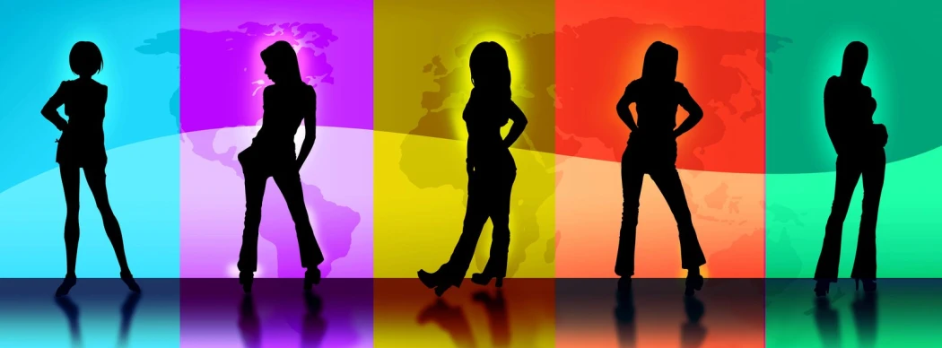 four silhouettes of people standing on a multi colored background