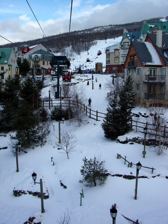 a ski slope is near many trees and buildings