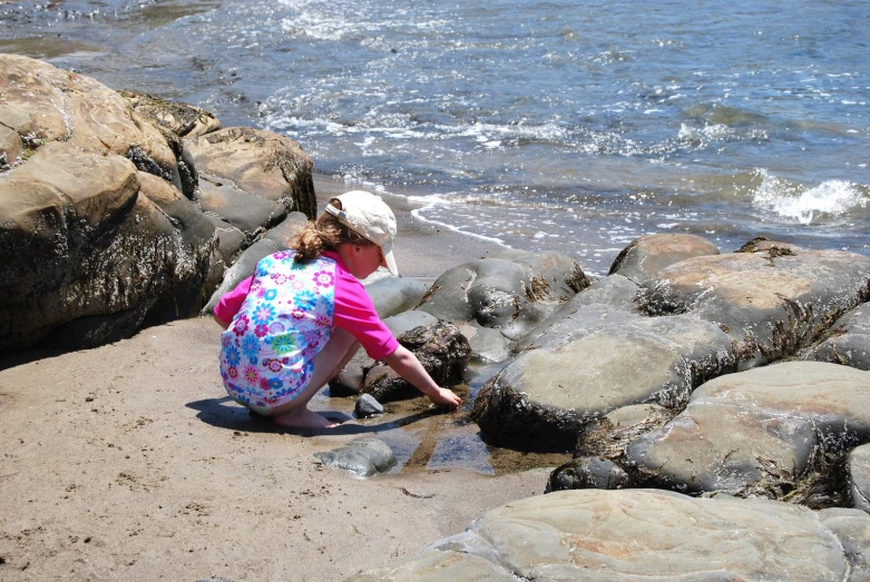 a child with an ocean themed shirt on looking at rocks