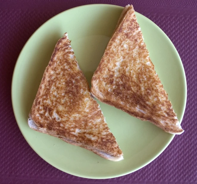 two triangular pieces of toast on a plate