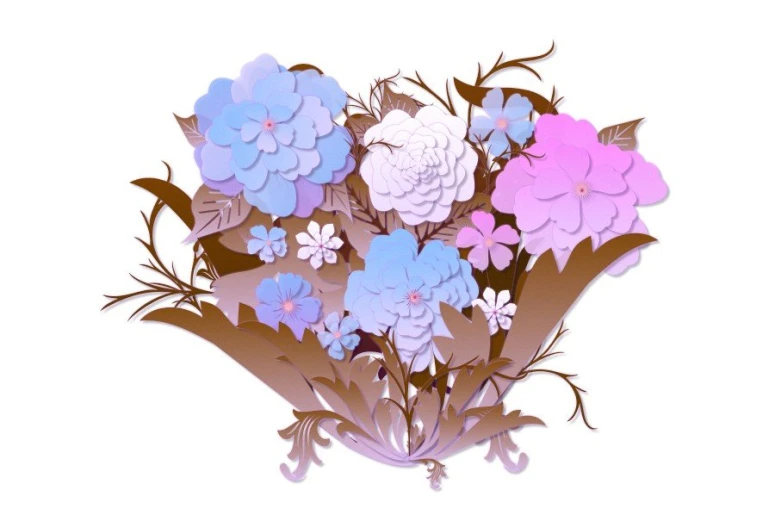 paper flowers on white background with blue, purple, and pink petals