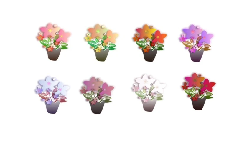 a row of cut out plastic flowers in a vase