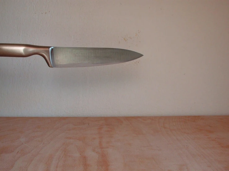 a silver knife resting on top of a wooden table