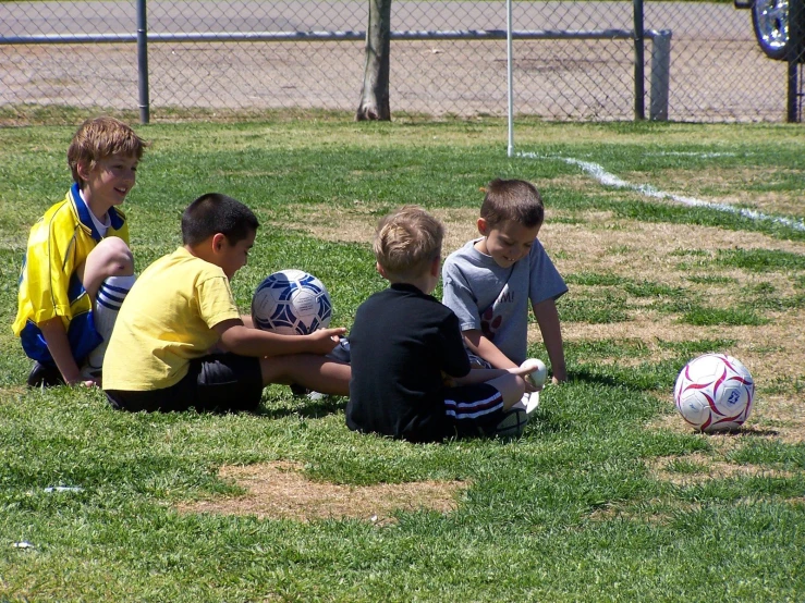 a group of s sitting around a soccer ball