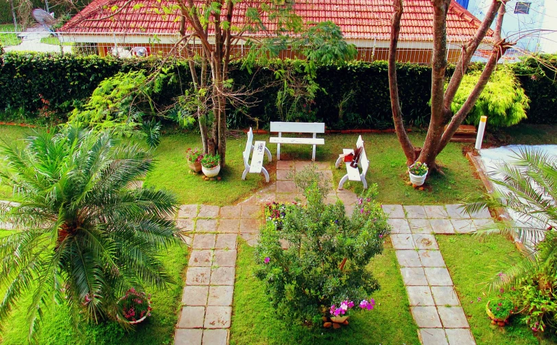 a view of a garden with several white chairs