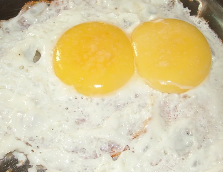 two fried eggs in a set with white sauce