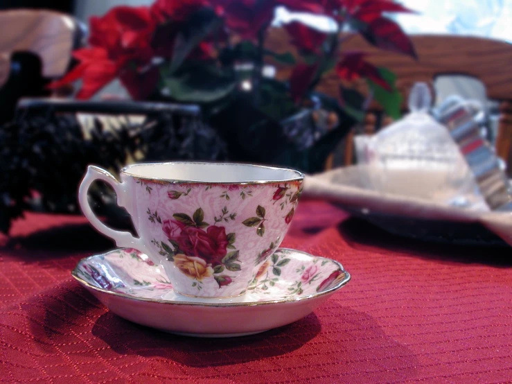 the floral patterned cup and saucer sit on the table with pink flowers