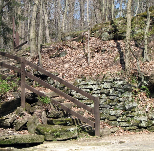 the rock stairs of a wooded path lead to an old building