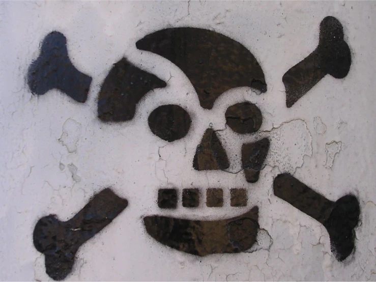 there is an image of the skull and bones on the cement