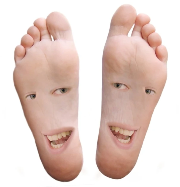 the bare foot with two blue eyes and white teeth