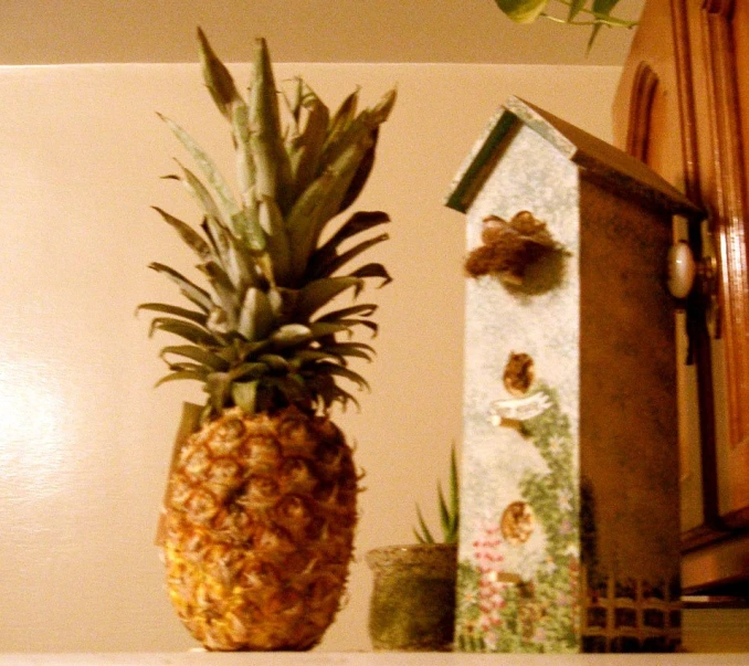 a pineapple on a kitchen shelf next to a small dollhouse