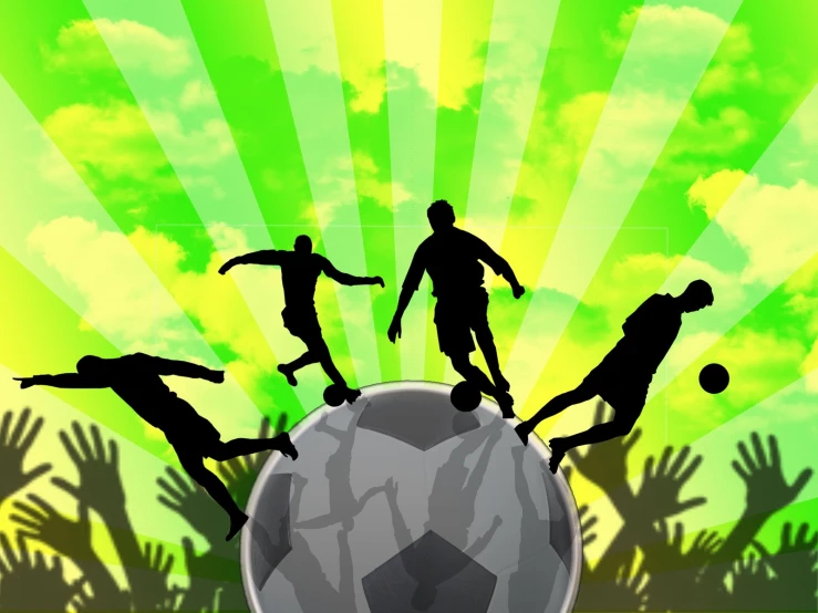 an abstract depiction of a group of soccer players with ball in air and sunburst over field