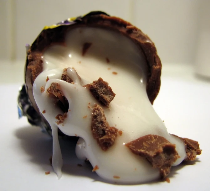 the chocolate and white frosted dessert has a shell in it