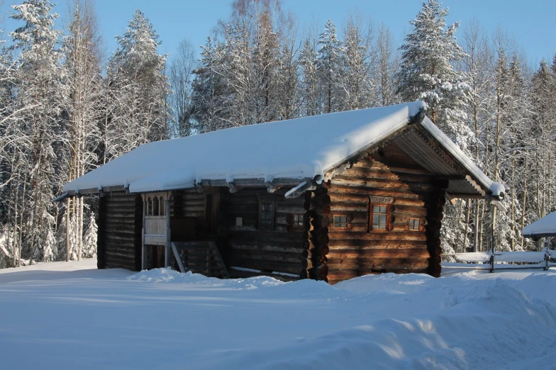 cabin in the woods during winter and covered with snow