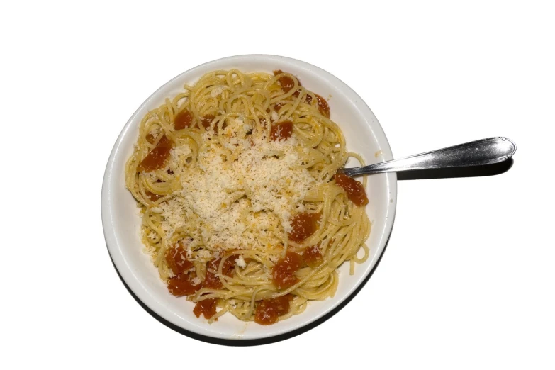 spaghetti sauce with basil on top of white plate