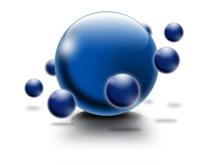 an image of a blue sphere with several smaller ones surrounding