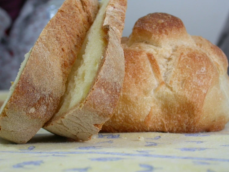 three freshly baked bread slices on a table