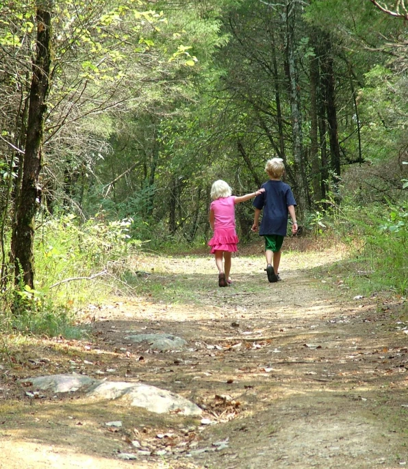 two small s walking in the woods with hands extended