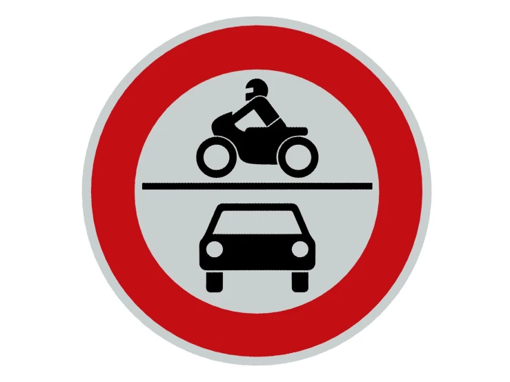 a black and red sign that shows two cars driving in opposite directions