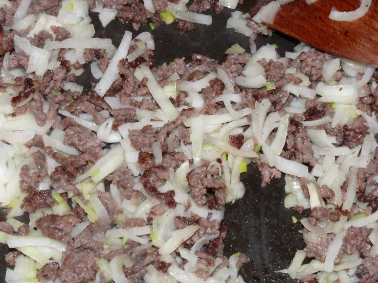 onions and ground meat are mixed together in a set