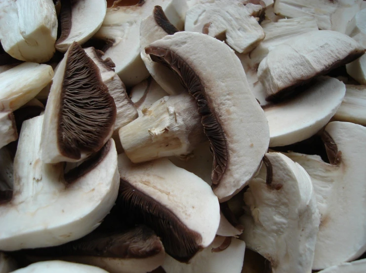 sliced mushrooms and pieces of fruit spread about