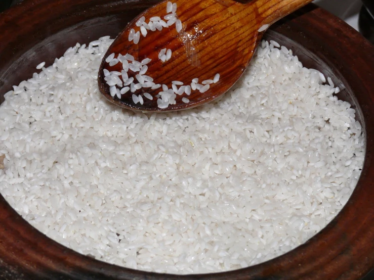 a brown spoon filled with white rice and seeds