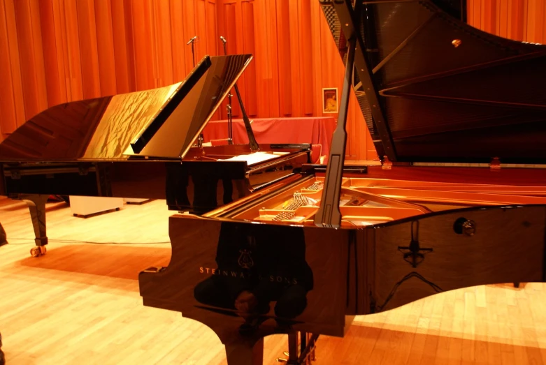 the grand piano is a black one and it looks very polished