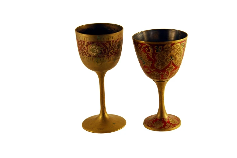 two goblets decorated with red and gold designs