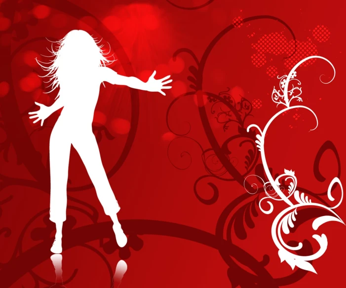 a silhouette of a girl is dancing on a red background