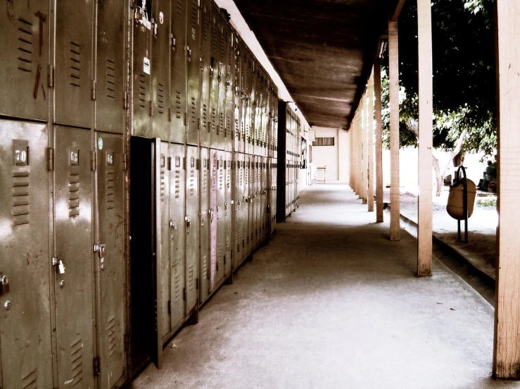 a long row of metal lockers line the wall