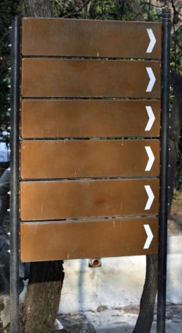 large brown wooden directional sign in front of a tree
