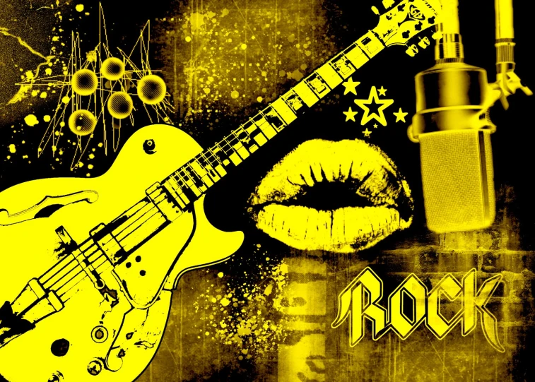 a yellow guitar with lipstick, and the words rock
