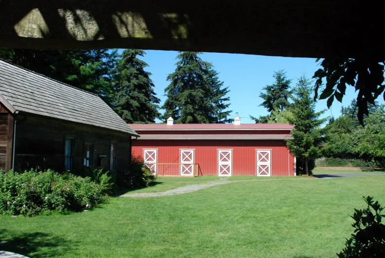 a red barn is in the middle of some tall grass