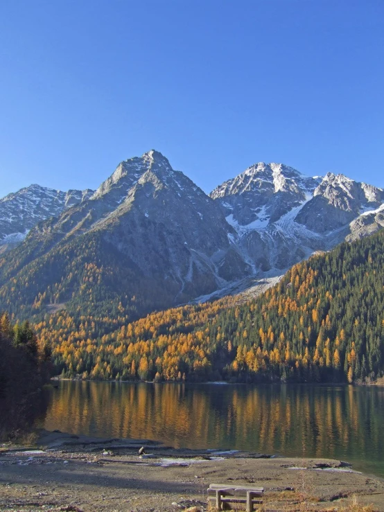 some mountains and trees near a lake