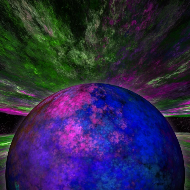 an artistic scene of a purple and green globe