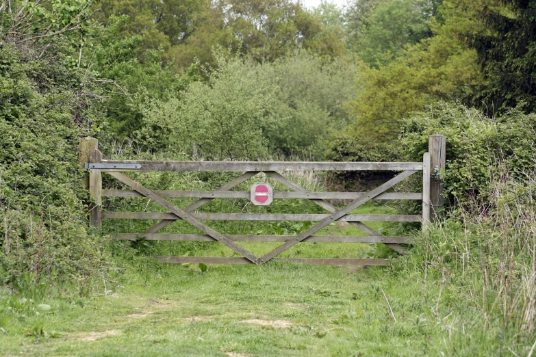 an open gate near a wooded area with a stop sign