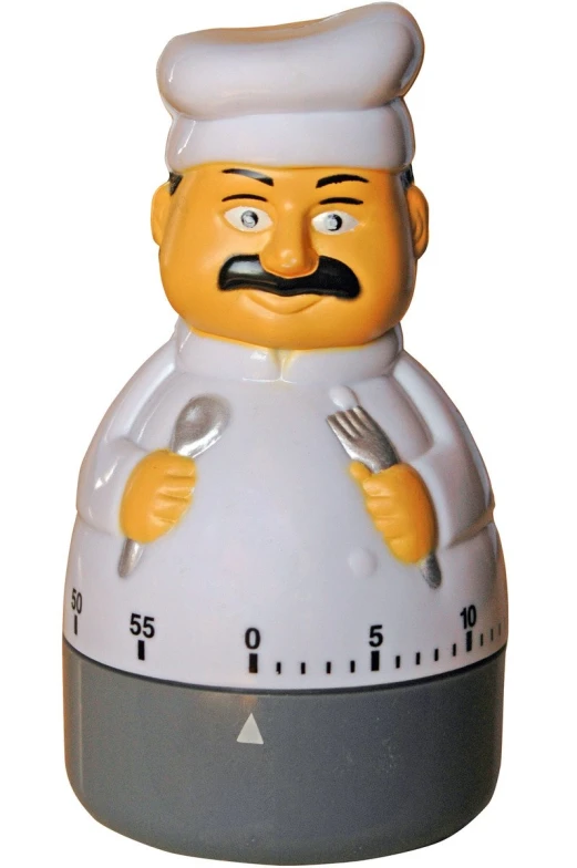 a mechanical timer shaped like a man holding a fork and knife