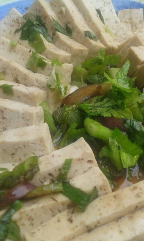 several pieces of tofu with various greens and sauce on it