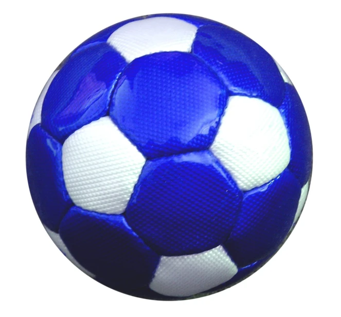 a soccer ball in blue and white with white circles on it