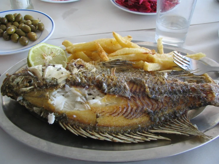 some fish sitting on top of a plate with fries and salad