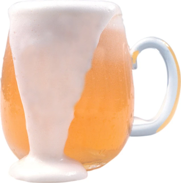the pitcher of beer has a lot of foam on it