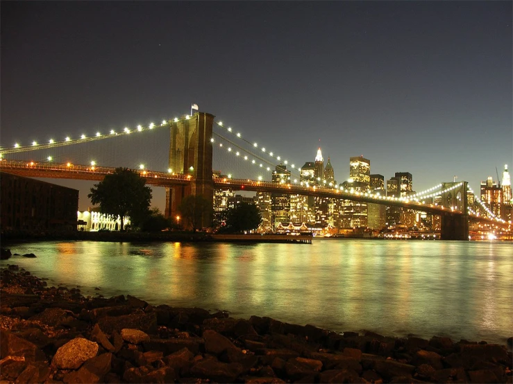 the lights of the skyline are reflected in the river water