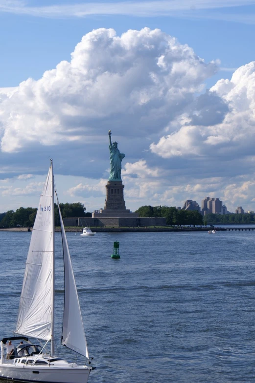 a sail boat is going across a lake