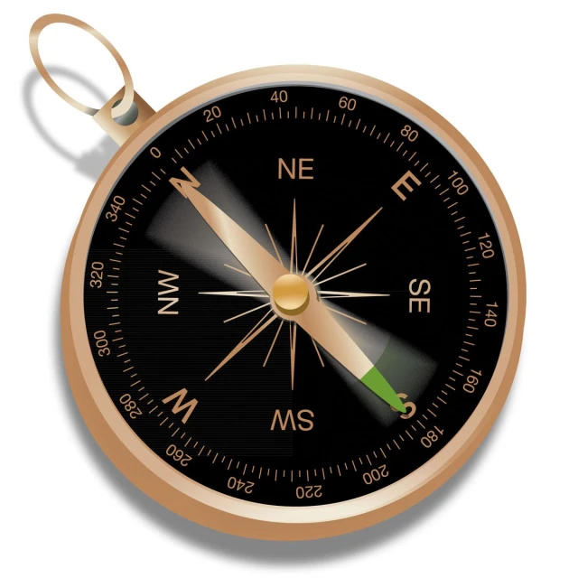 the black compass with gold colored handle has a yellow - green needle